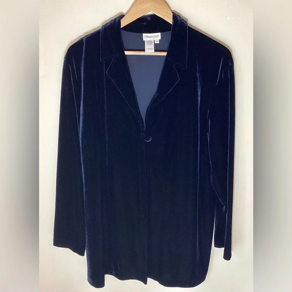 Coldwater Creek Vintage Velvet Tunic Cardigan 18 Navy Blue One Button Artsy 90s - Picture 4 of 14